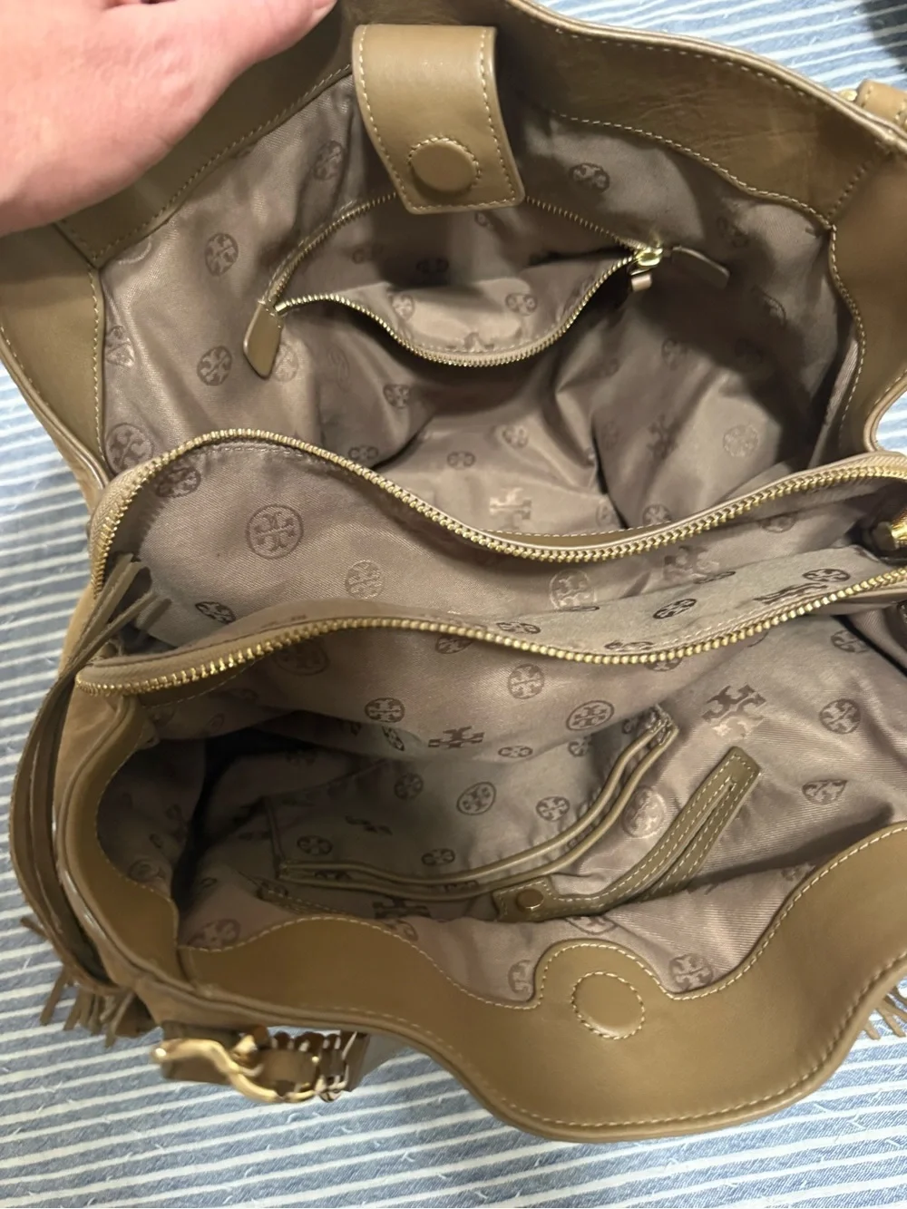 Tory Burch Suede Leather Tote with Logo-Print Interior